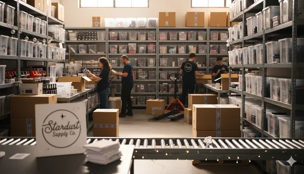 E-commerce warehouse with workers doing their jobs.